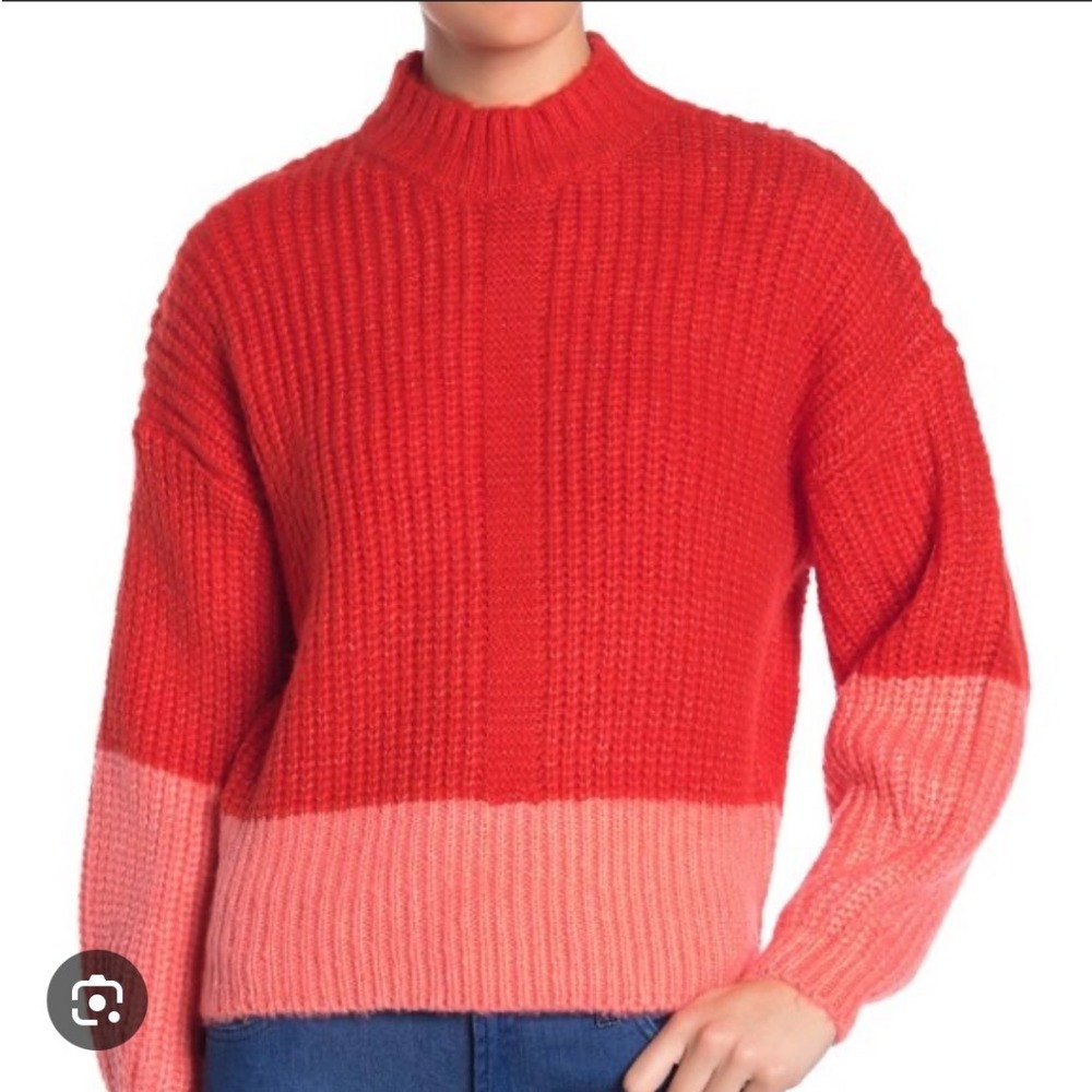 Elodie Red Pink Colorblock Chunky Ribbed Mock Neck Sweater Large EAC223